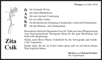 Traueranzeige von Zita Csik von Gmünder Tagespost