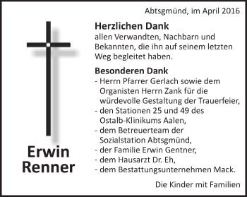 Traueranzeige von Erwin Renner von Schwäbische Post