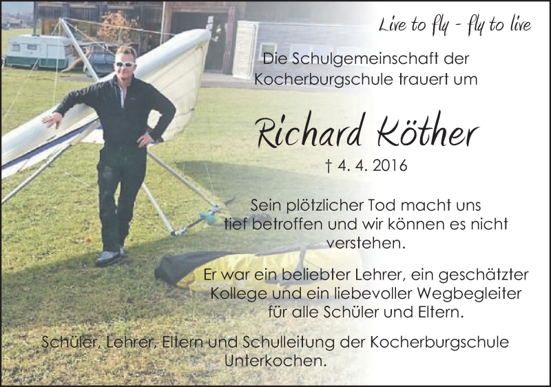  Traueranzeige für Richard Köther vom 09.04.2016 aus Schwäbische Post