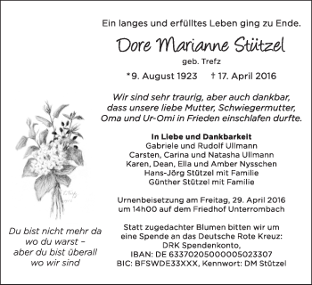 Traueranzeige von Dore Marianne Stützel von Schwäbische Post