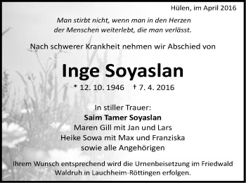 Traueranzeige von Inge Soyaslan von Schwäbische Post