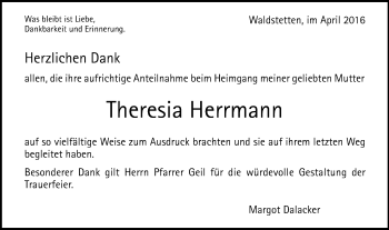 Traueranzeige von Theresia Herrmann von Gmünder Tagespost