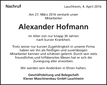 Traueranzeige von Alexander Hofmann von Schwäbische Post