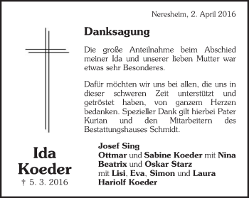 Traueranzeige von Ida Koeder von Schwäbische Post