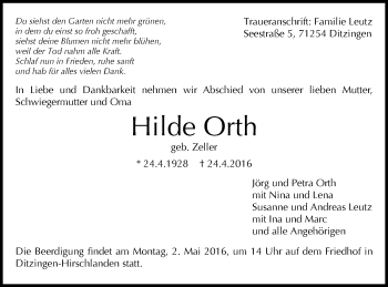 Traueranzeige von Hilde Orth von Gmünder Tagespost