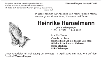 Traueranzeige von Heinrike Hanselmann von Schwäbische Post