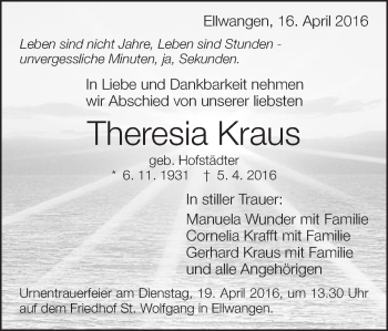 Traueranzeige von Theresia Kraus von Schwäbische Post