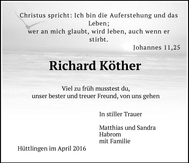  Traueranzeige für Richard Köther vom 14.04.2016 aus Schwäbische Post