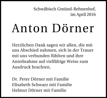 Traueranzeige von Anton Dörner von Gmünder Tagespost