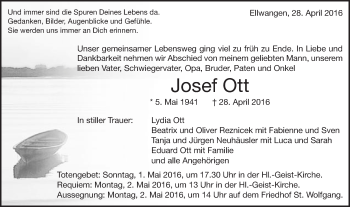 Traueranzeige von Josef Ott von Schwäbische Post