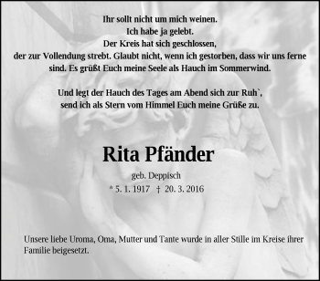 Traueranzeige von Rita Pfänder von Schwäbische Post