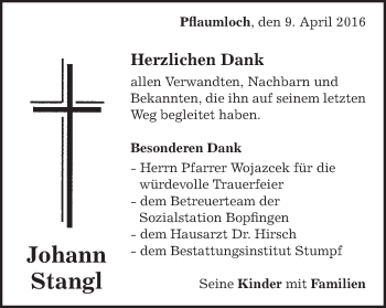 Traueranzeige von Johann Stangl von Schwäbische Post