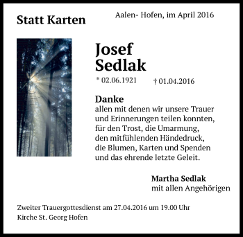 Traueranzeige von Josef Sedlak von Schwäbische Post