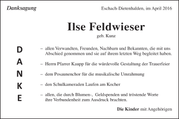 Traueranzeige von Ilse Feldwieser von Gmünder Tagespost