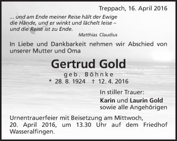 Traueranzeige von Gertrud Gold von Schwäbische Post