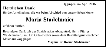 Traueranzeige von Maria Stadelmaier von Gmünder Tagespost