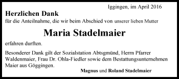 Traueranzeige von Maria Stadelmaier