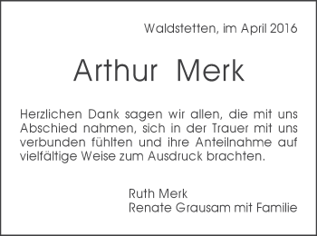 Traueranzeige von Arthur Merk von Gmünder Tagespost