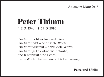 Traueranzeige von Peter Thimm von Schwäbische Post