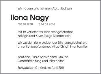Traueranzeige von Ilona Nagy von Gmünder Tagespost