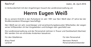 Traueranzeige von Eugen Weiß von Schwäbische Post