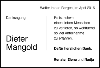 Traueranzeige von Dieter Mangold von Gmünder Tagespost