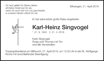 Traueranzeige von Karl-Heinz Singvogel von Schwäbische Post