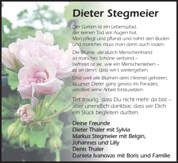 Traueranzeige von Dieter Stegmeier von Schwäbische Post