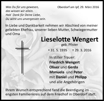 Traueranzeige von Lieselotte Wengert von Schwäbische Post