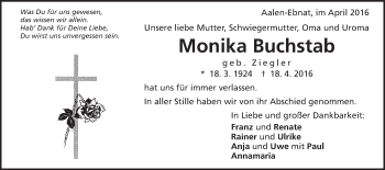 Traueranzeige von Monika Buchstab von Schwäbische Post