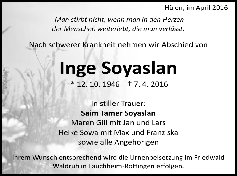  Traueranzeige für Inge Soyaslan vom 14.04.2016 aus Schwäbische Post