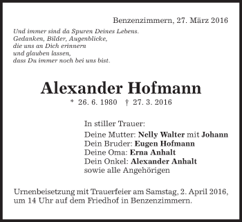 Traueranzeige von Alexander Hofmann von Schwäbische Post