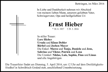 Traueranzeige von Ernst Hieber von Gmünder Tagespost