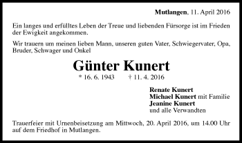 Traueranzeige von Günter Kunert von Gmünder Tagespost