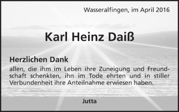 Traueranzeige von Karl Heinz Daiß von Schwäbische Post