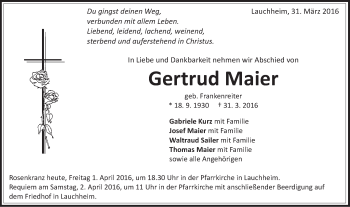 Traueranzeige von Gertrud Maier von Schwäbische Post