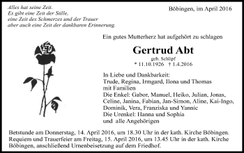 Traueranzeige von Gertrud Abt von Gmünder Tagespost