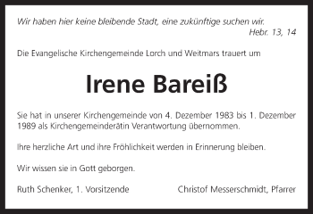 Traueranzeige von Irene Bareiß von Gmünder Tagespost
