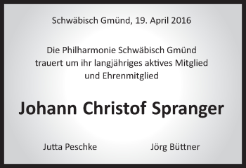 Traueranzeige von Johann Christof Spranger von Gmünder Tagespost