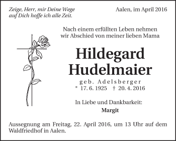Traueranzeige von Hildegard Hudelmaier von Schwäbische Post