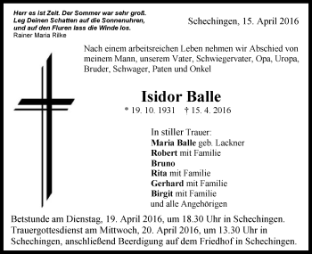 Traueranzeige von Isidor Balle von Gmünder Tagespost