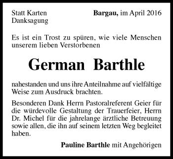 Traueranzeige von German Barthle von Gmünder Tagespost