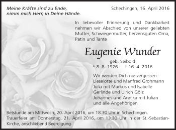 Traueranzeige von Eugenie Wunder von Gmünder Tagespost