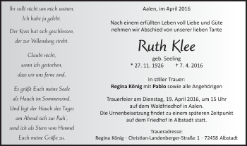 Traueranzeige von Ruth Klee von Schwäbische Post