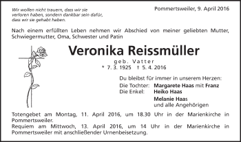 Traueranzeige von Veronika Reissmüller von Schwäbische Post