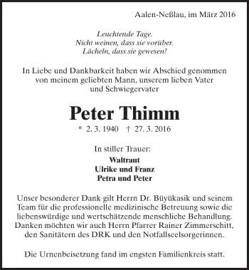 Traueranzeige von Peter Thimm von Schwäbische Post