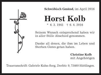 Traueranzeige von Horst Kolb von Gmünder Tagespost