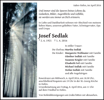 Traueranzeige von Josef Sedlak von Schwäbische Post