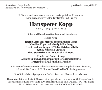 Traueranzeige von Hanspeter Kopp von Gmünder Tagespost