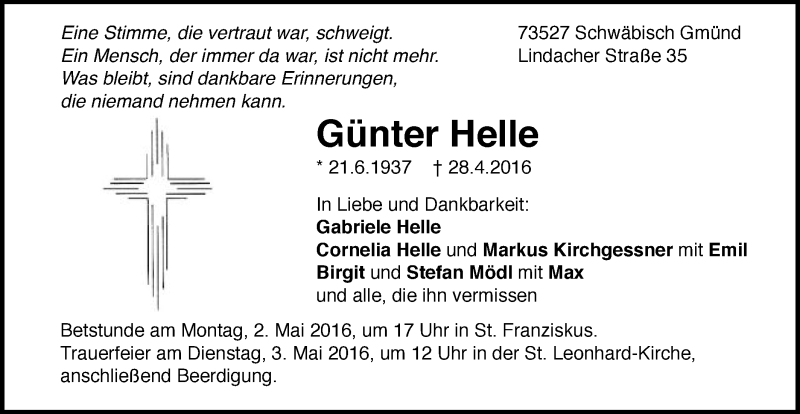  Traueranzeige für Günter Helle vom 30.04.2016 aus Gmünder Tagespost